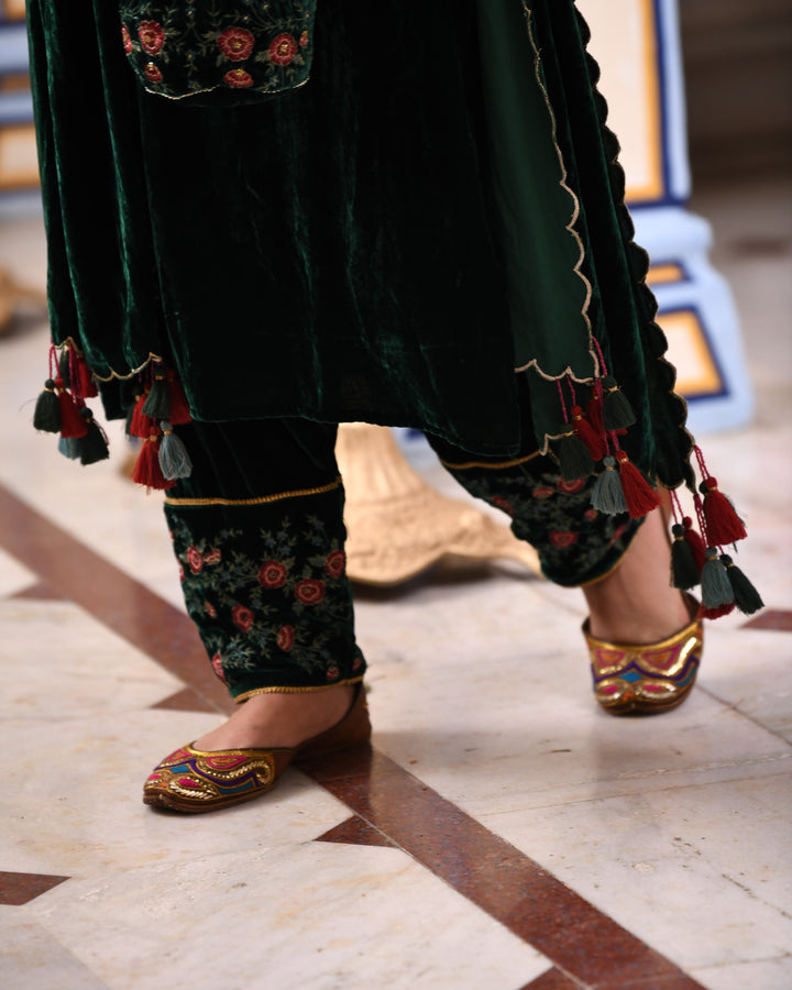 Teal Green Velvet Embroidered Kurta Palazzo Set With Dupatta