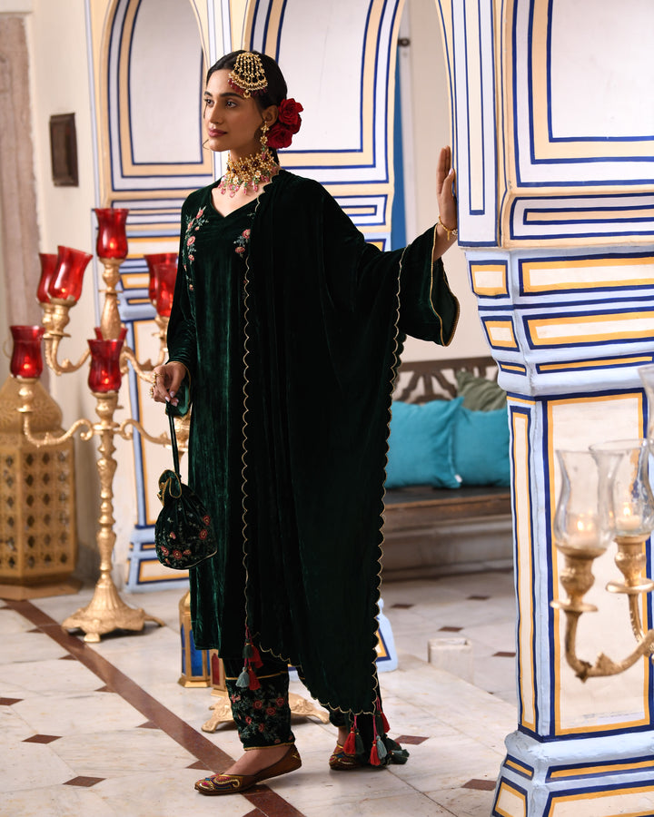 Teal Green Velvet Embroidered Kurta Palazzo Set With Dupatta