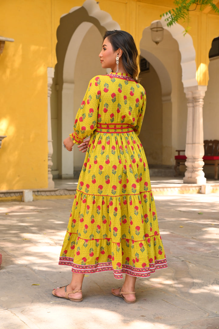 Yellow Cotton Printed Designer Detailed Tiered Maxi Dress