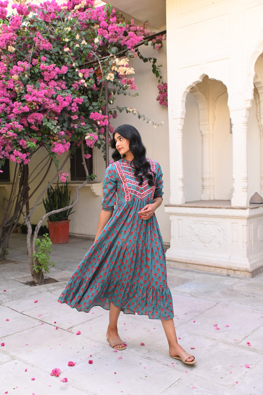 Teal Green Floral Printed Cotton Ethnic Tier Dress