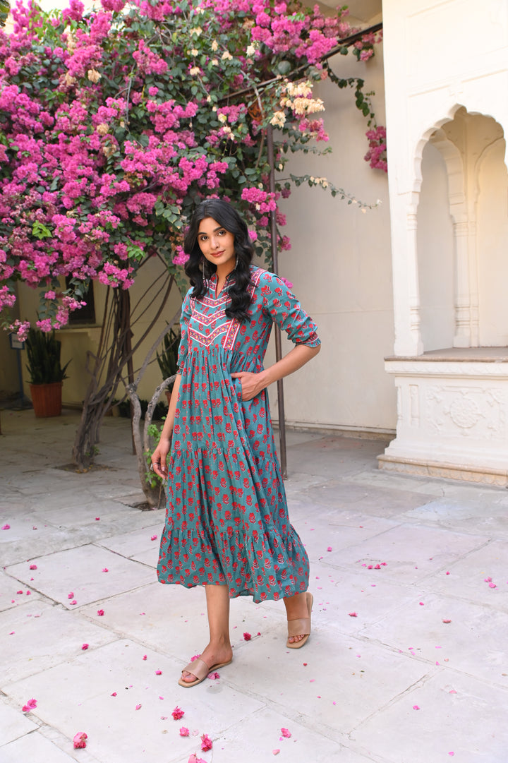 Teal Green Floral Printed Cotton Ethnic Tier Dress