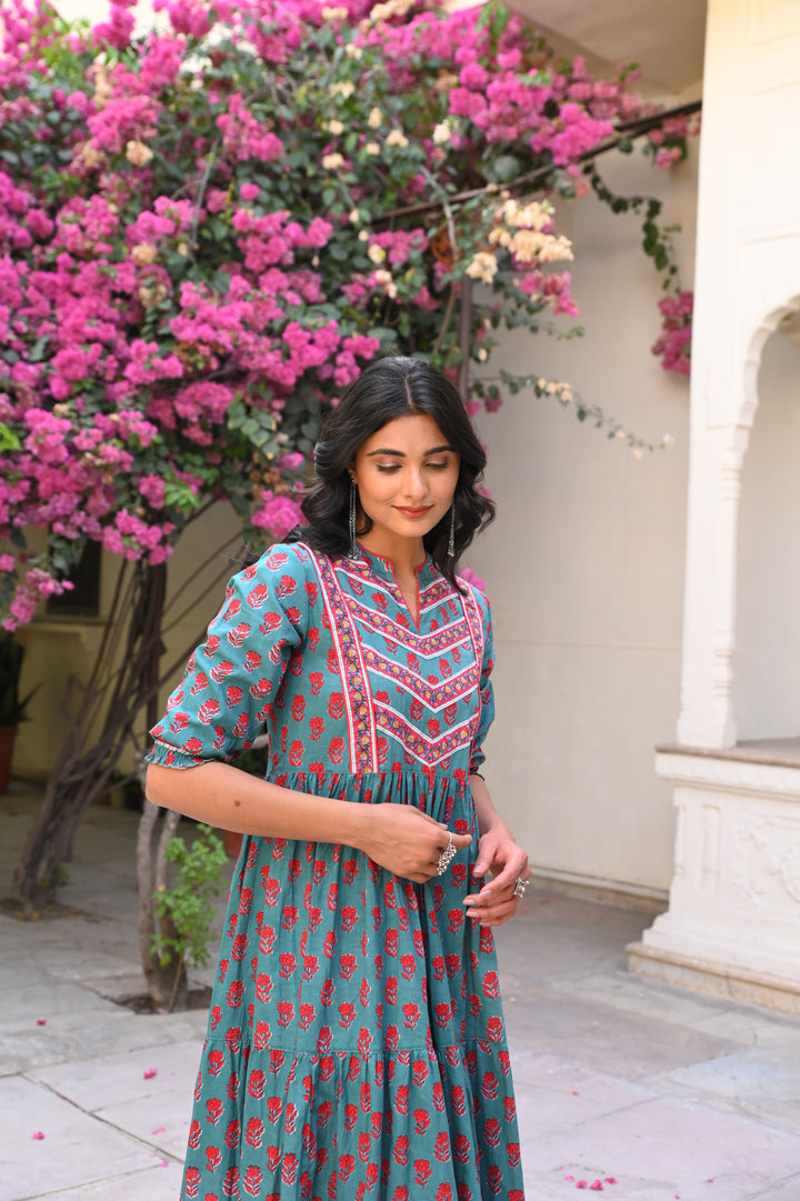 Teal Green Floral Printed Cotton Ethnic Tier Dress