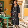 Denim A-Line Front Slit Embroidered Kurta