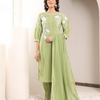 Green Cotton Applique Kurta Set With Dupatta