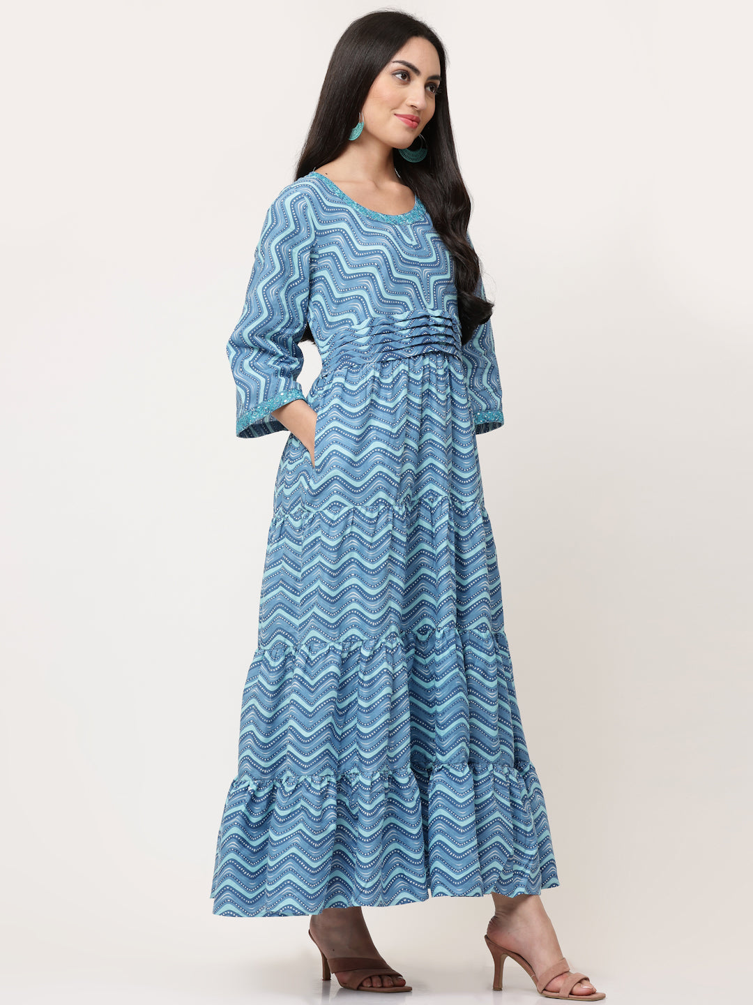 Blue Cotton Printed Tiered Dress