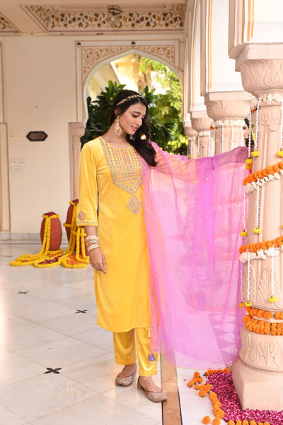 Yellow Embroidered Designer Festive Straight Kurta Pant Set With Dupatta