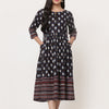 Navy Cotton Bagru Printed Gathered Dress
