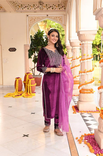 Purple Zari Embroidered Velvet Designer Straight Kurta Pant Set With Dupatta