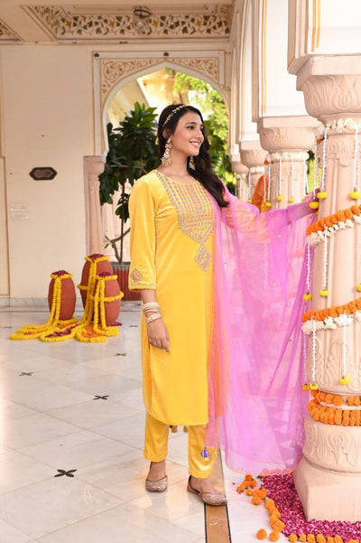 Yellow Embroidered Designer Festive Straight Kurta Pant Set With Dupatta