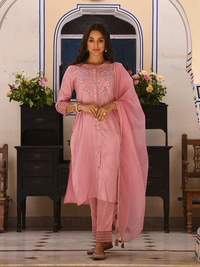 Pastel Pink Embroidered Designer Kurta Pant Set With Dupatta