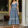 Navy Blue Cotton Printed Strappy Flared Dress