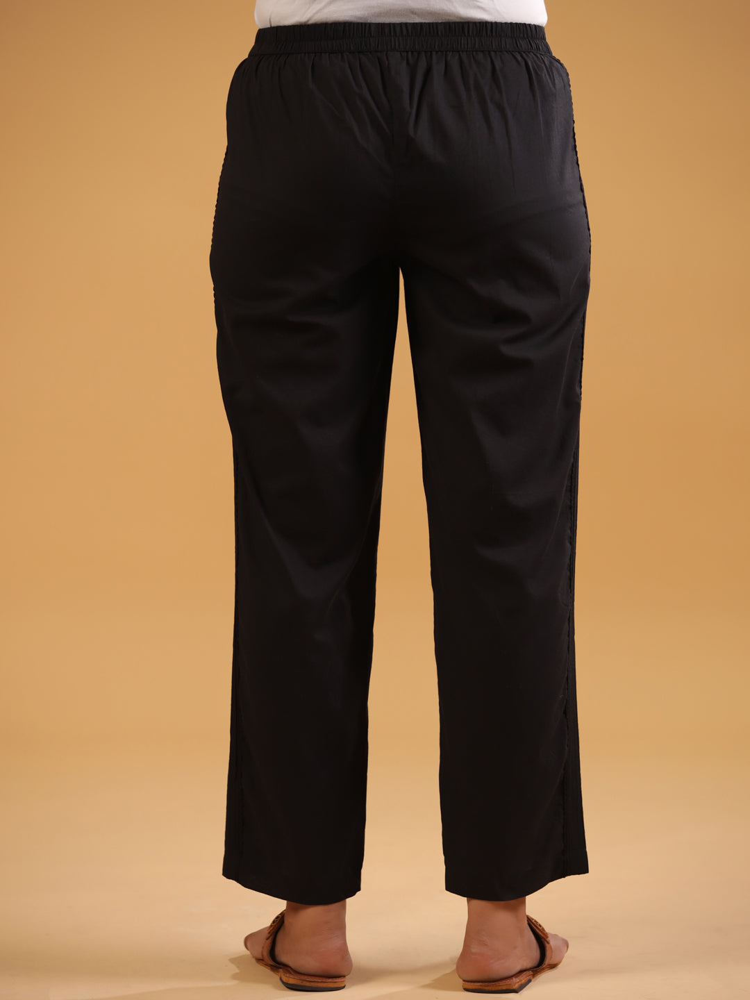 Black Cotton Solid Pintuck Detailed Straight Pant