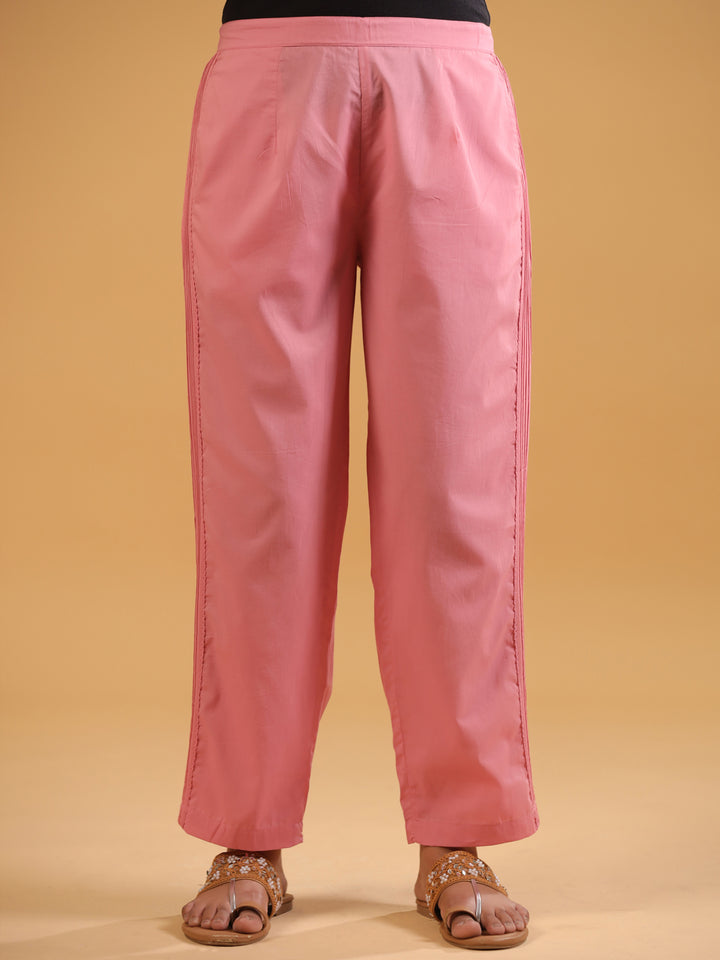 Pink Cotton Solid Pintuck Detailed Straight Pant