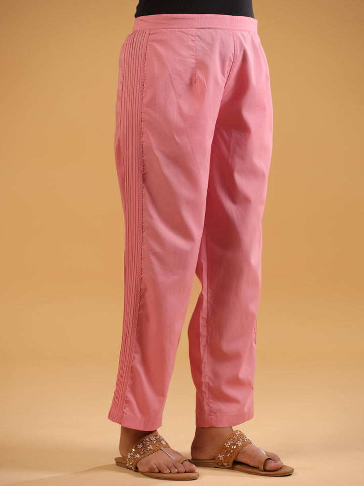 Pink Cotton Solid Pintuck Detailed Straight Pant