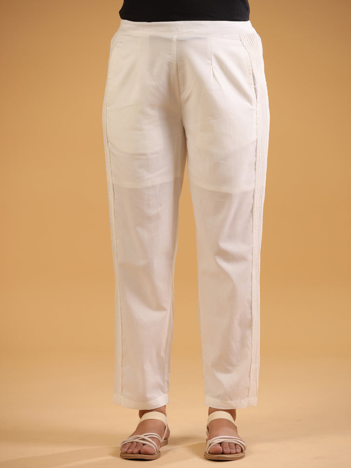 White Cotton Solid Pintuck Detailed Straight Pant