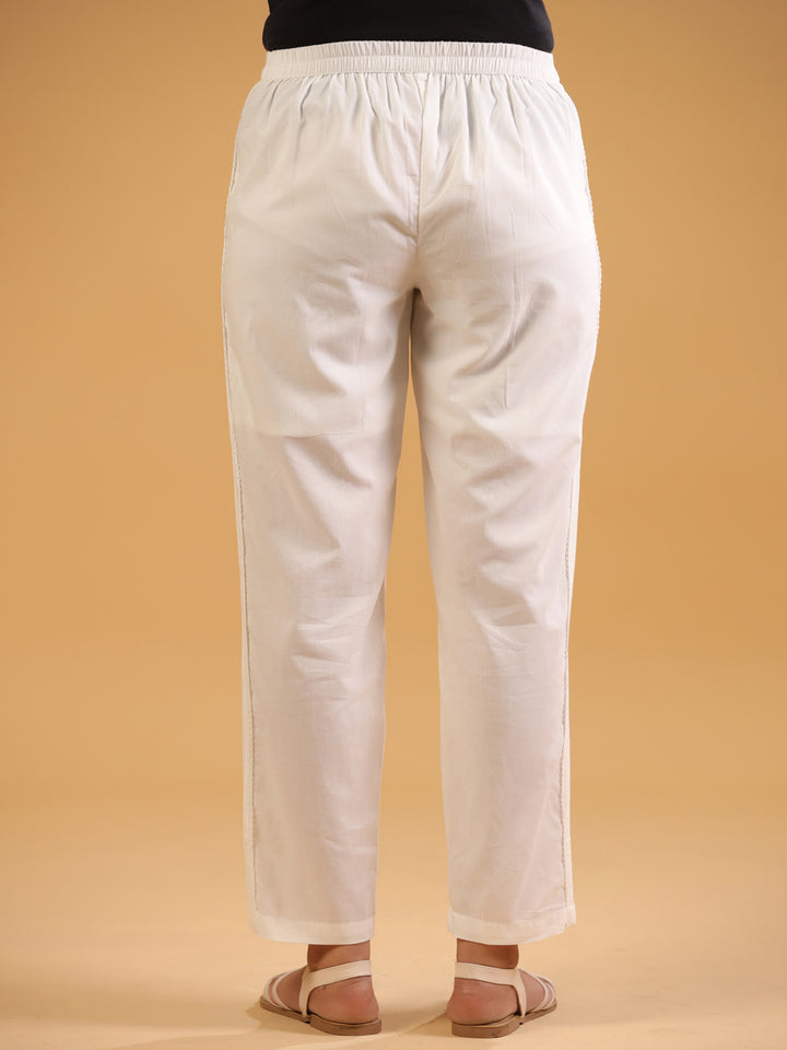 White Cotton Solid Pintuck Detailed Straight Pant