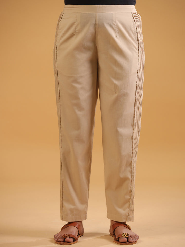 Beige Cotton Solid Pintuck Detailed Straight Pant