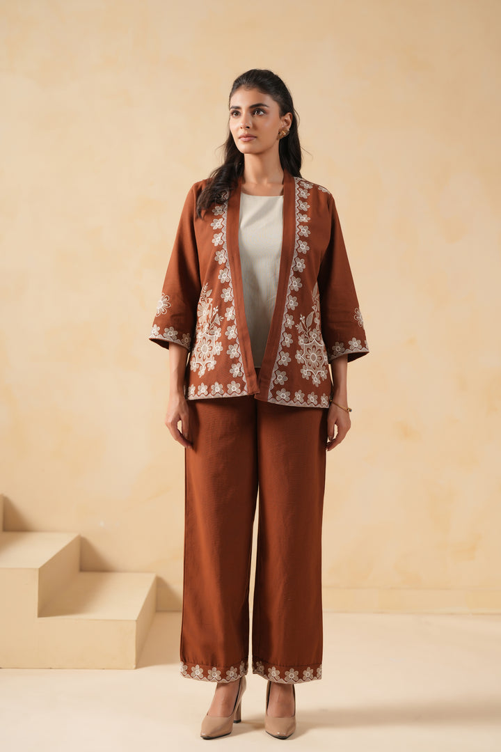 Brown & Grey Cotton embroidered Designer Co-ords set