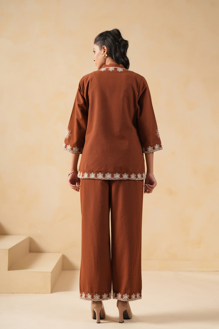 Brown & Grey Cotton embroidered Designer Co-ords set