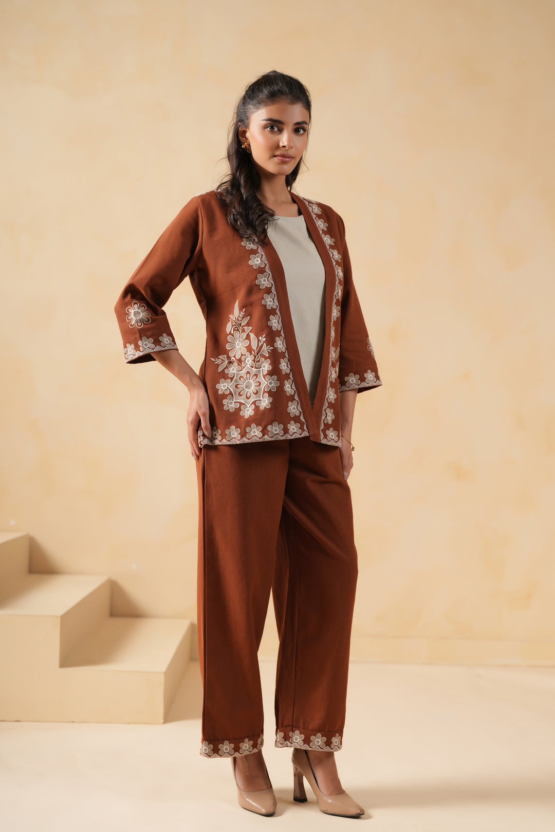 Brown & Grey Cotton embroidered Designer Co-ords set