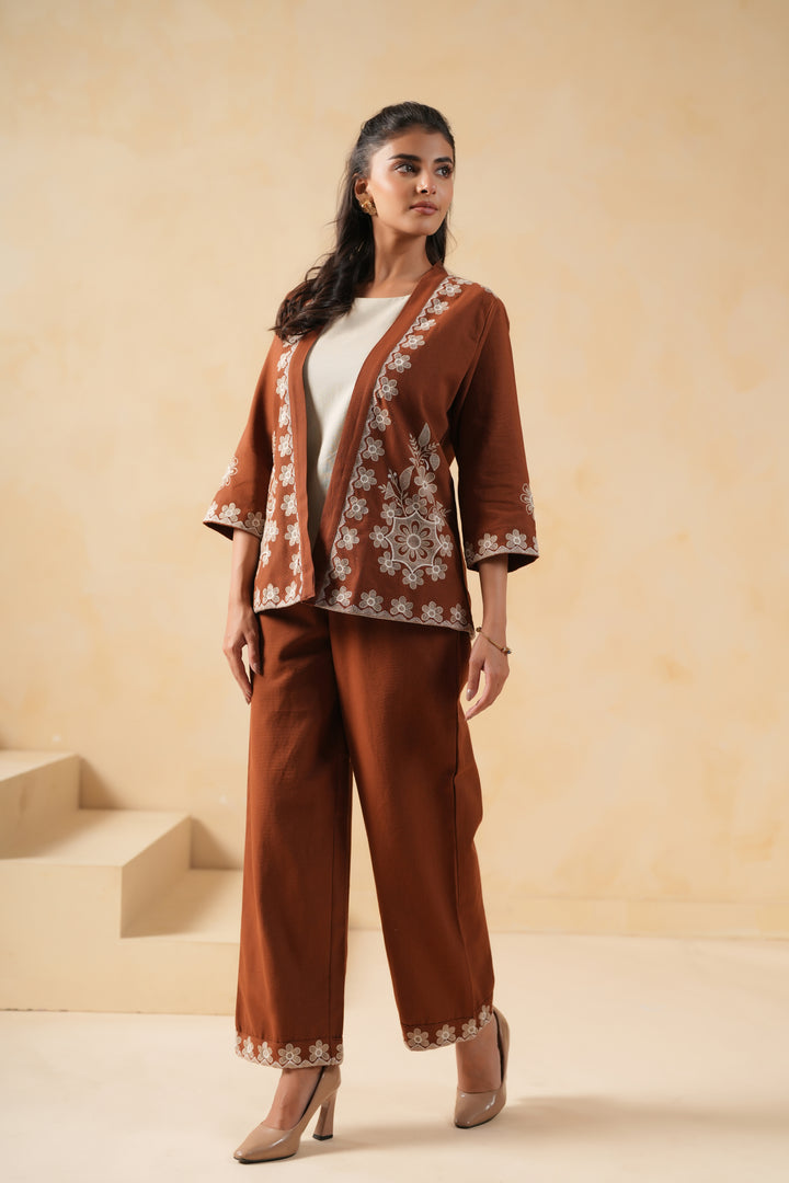 Brown & Grey Cotton embroidered Designer Co-ords set