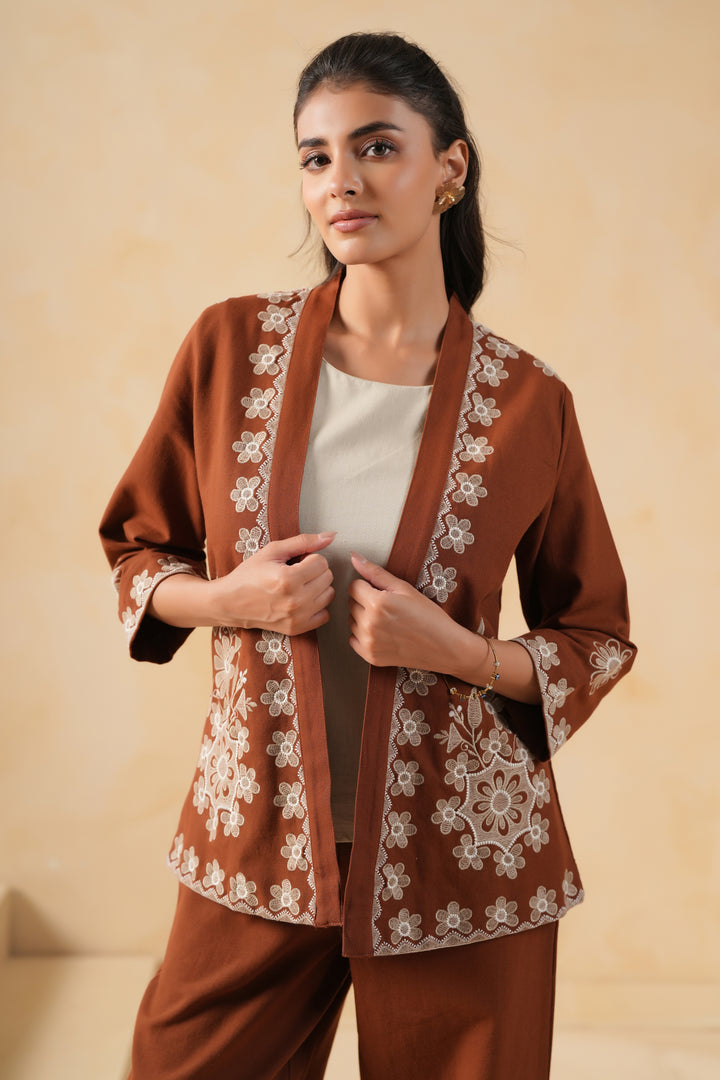 Brown & Grey Cotton embroidered Designer Co-ords set
