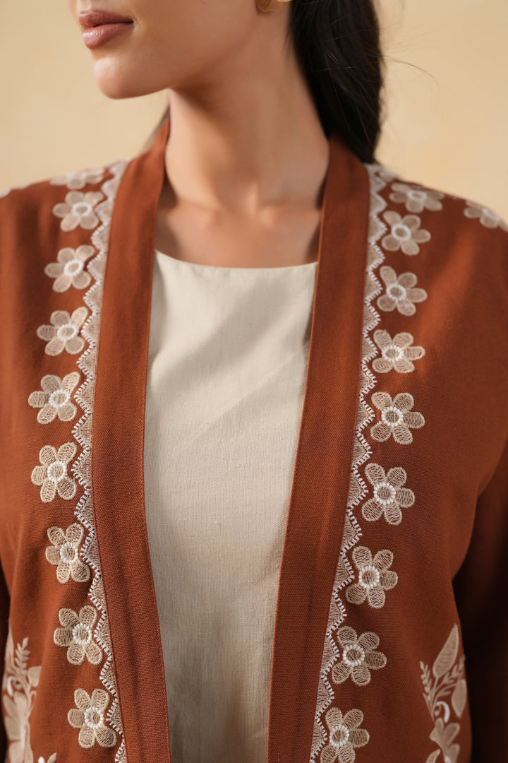 Brown & Grey Cotton embroidered Designer Co-ords set