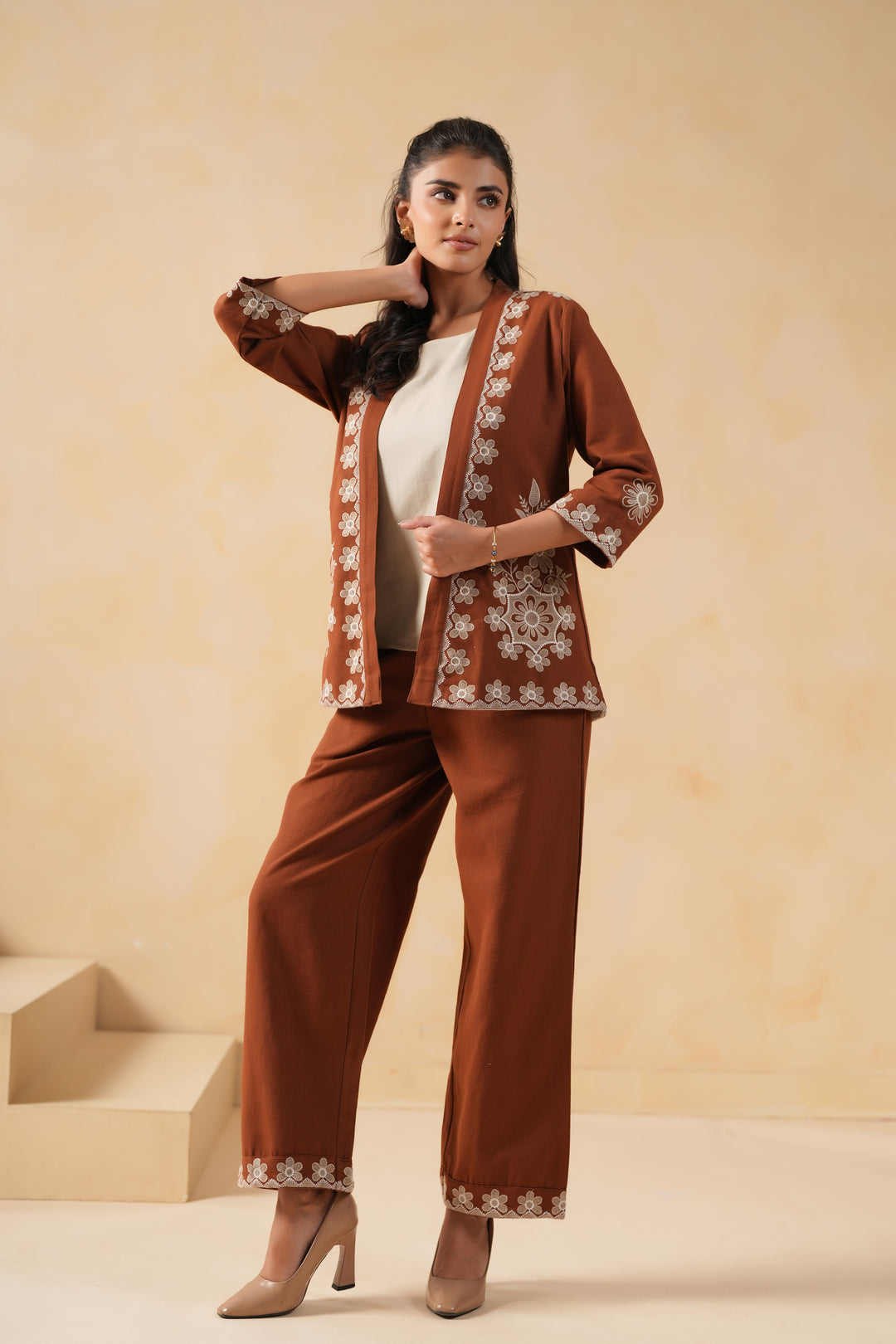Brown & Grey Cotton embroidered Designer Co-ords set