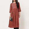 Red Embellished Bagru Printed A-Line Kurta Dress