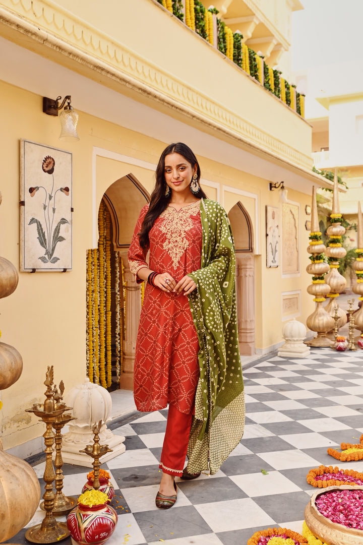 Red Chanderi Embroidered Kurta Pant Set With Dupatta