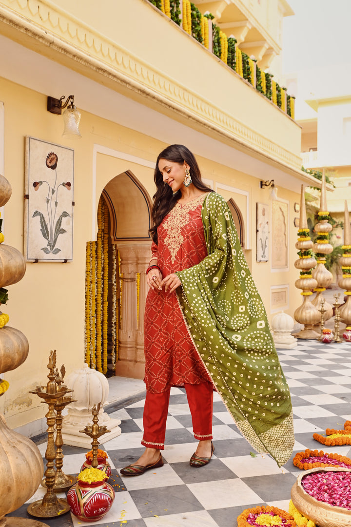 Red Chanderi Embroidered Kurta Set With Dupatta