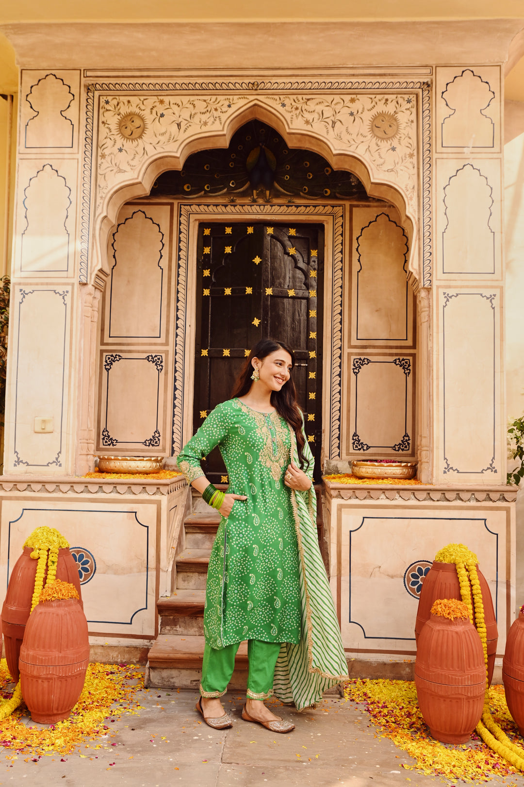 Green Chanderi Embroidered Kurta Pant Set With Dupatta