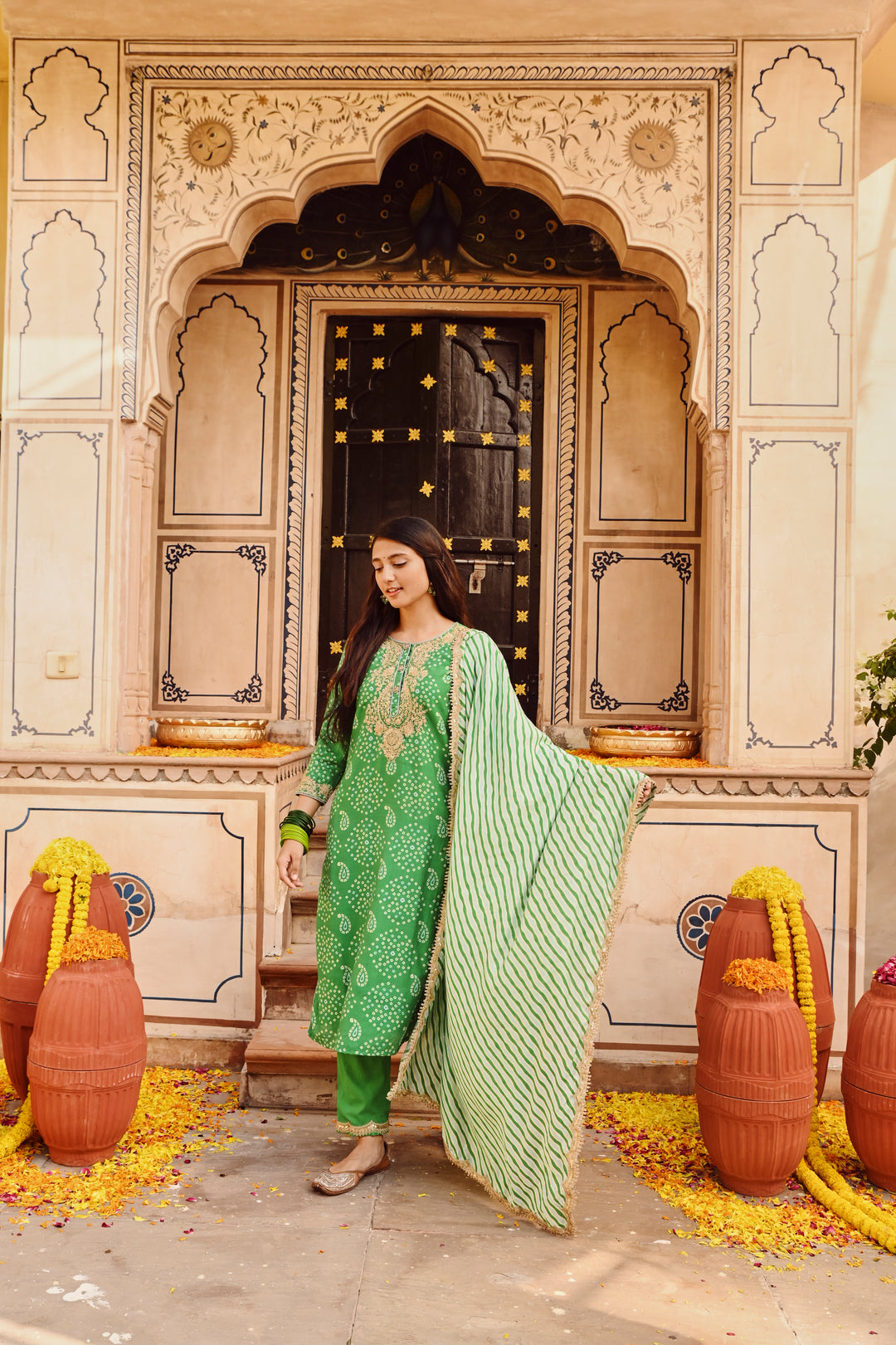 Green Chanderi Embroidered Kurta Pant Set With Dupatta