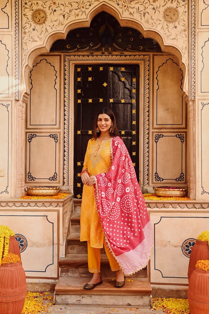 Yellow Chanderi Embroidered Kurta Set With Dupatta