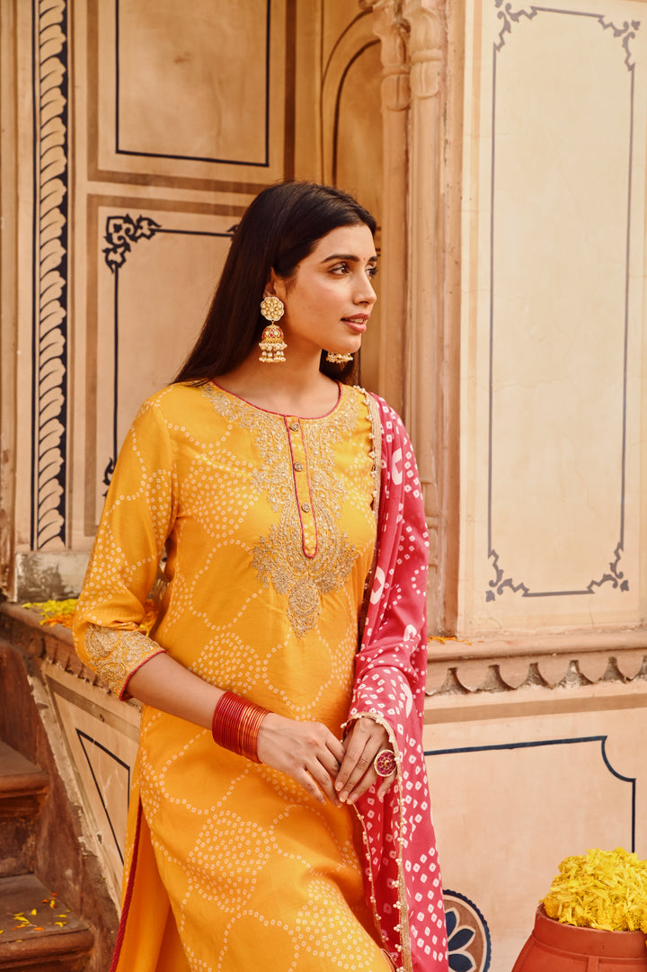 Yellow Chanderi Embroidered Kurta Set With Dupatta