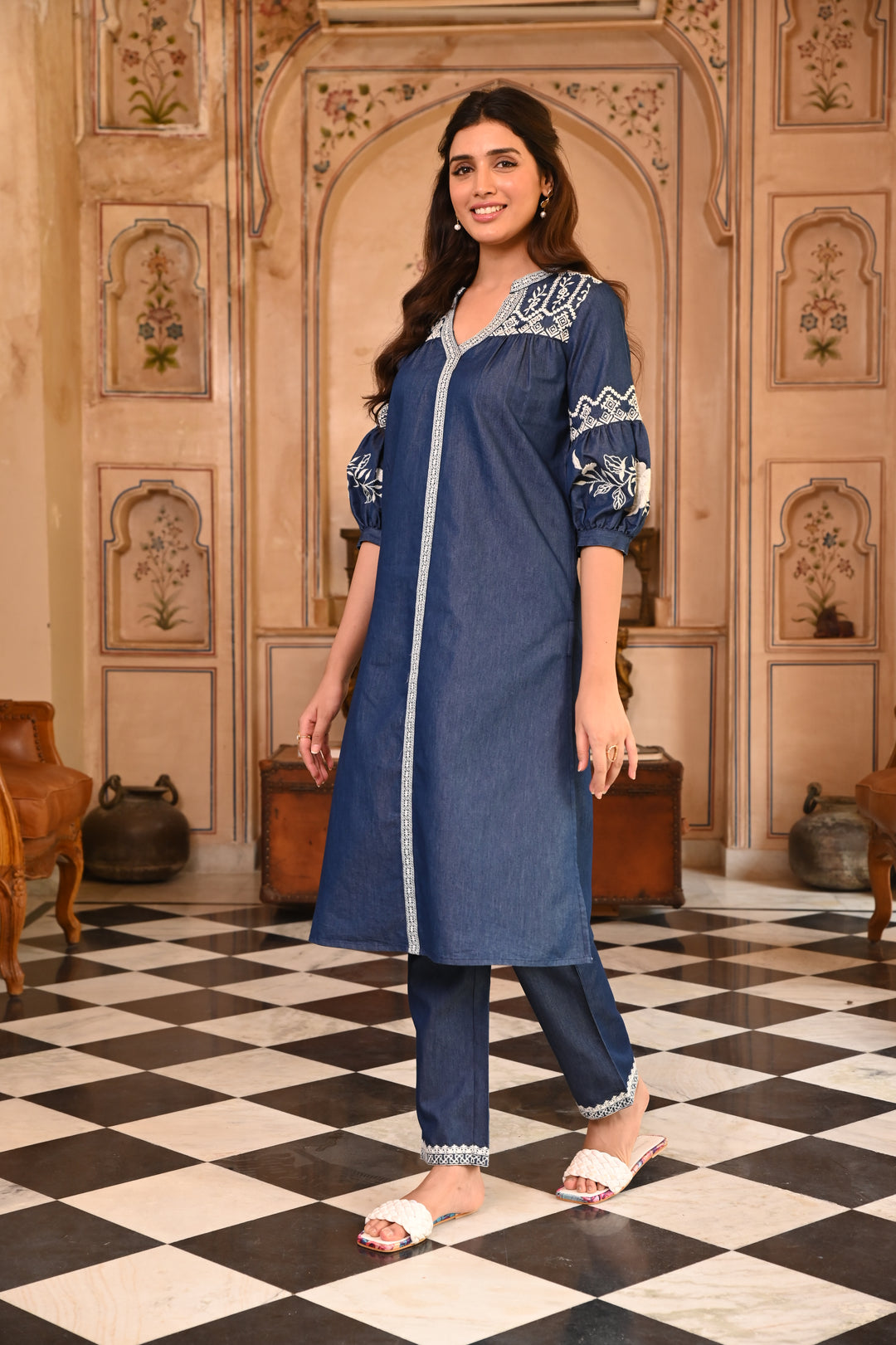 Blue Embroidered Straight Kurta Pant Set