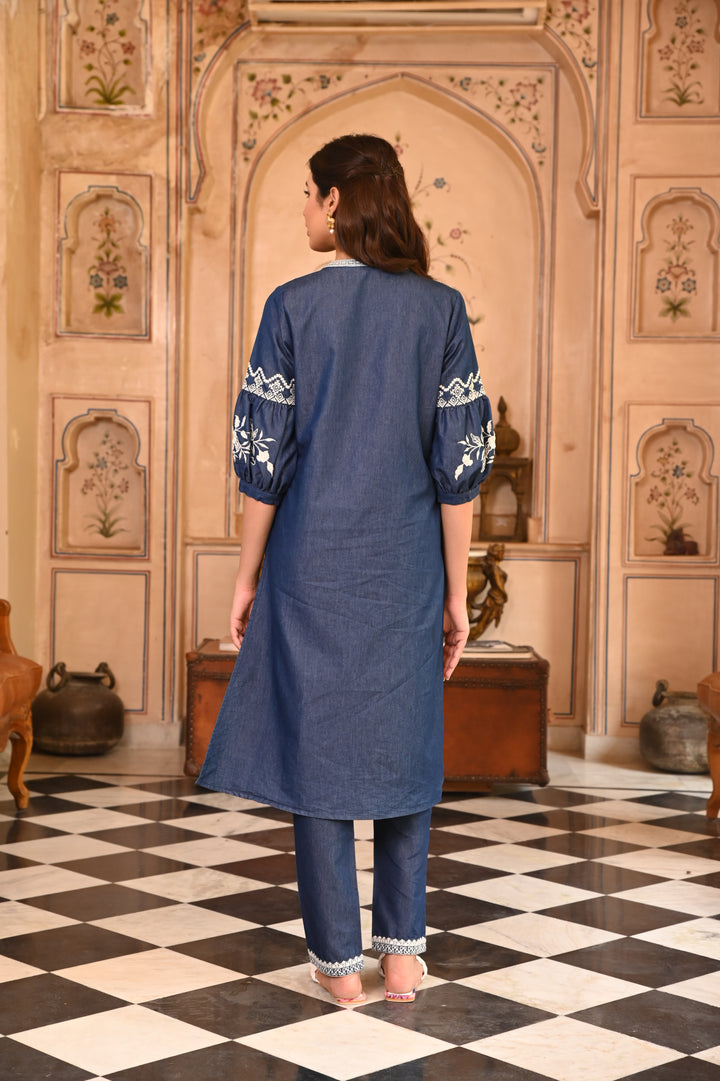 Blue Embroidered Straight Kurta Pant Set