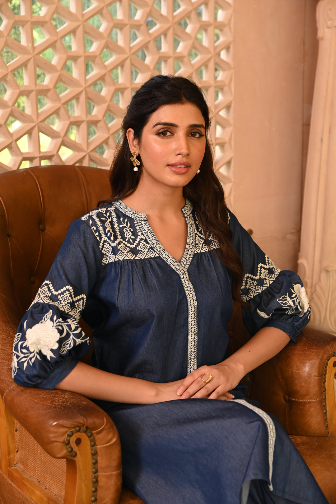 Blue Embroidered Straight Kurta Pant Set