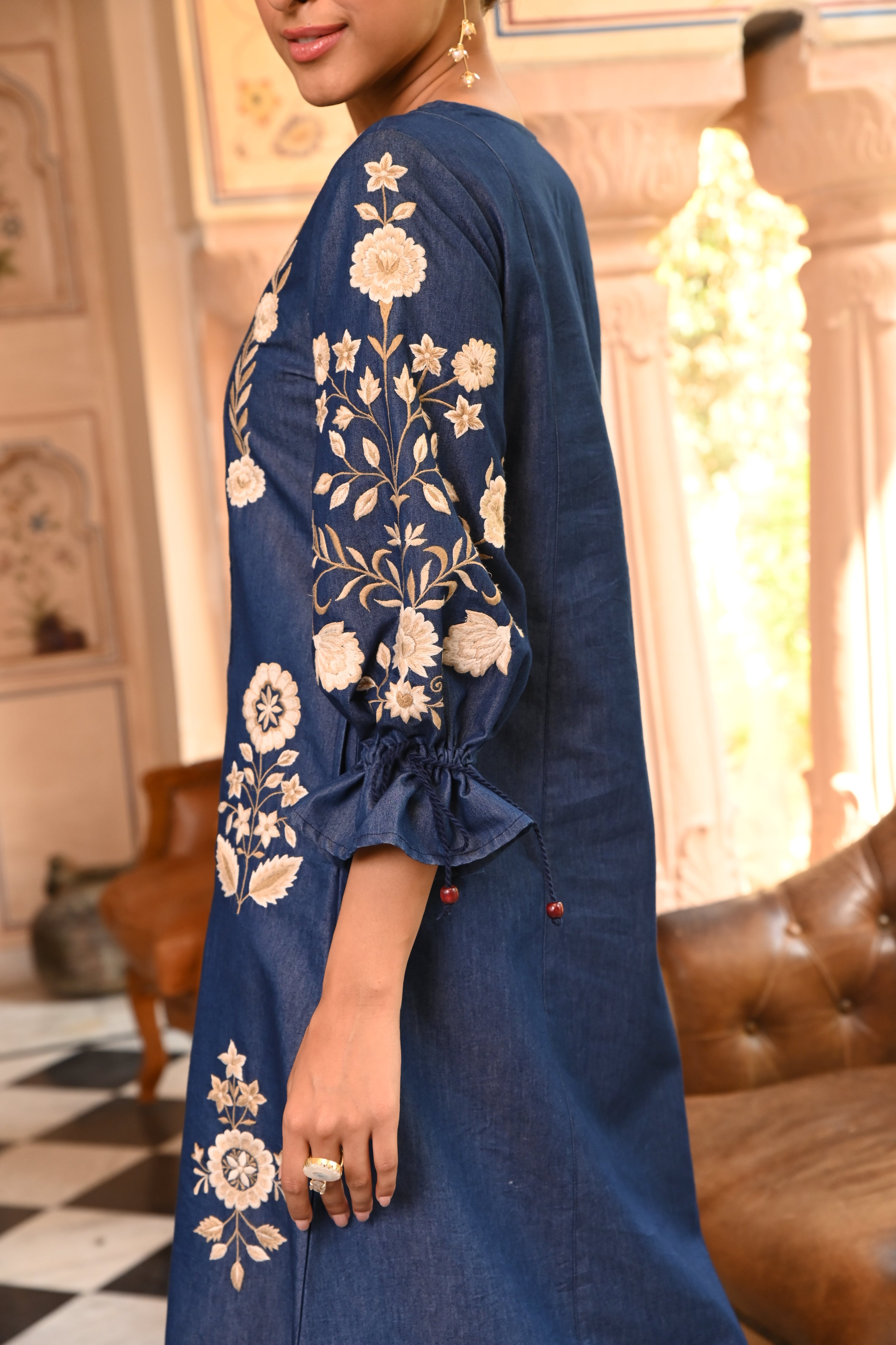 Denim Dark Blue Embroidered Designer Midi Dress Savi India