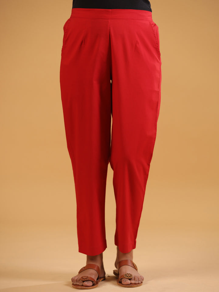 Red Cotton Solid Straight Pant