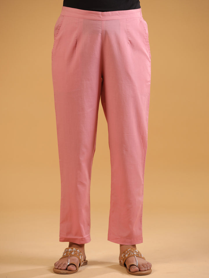 Pink Cotton Solid Straight Pant