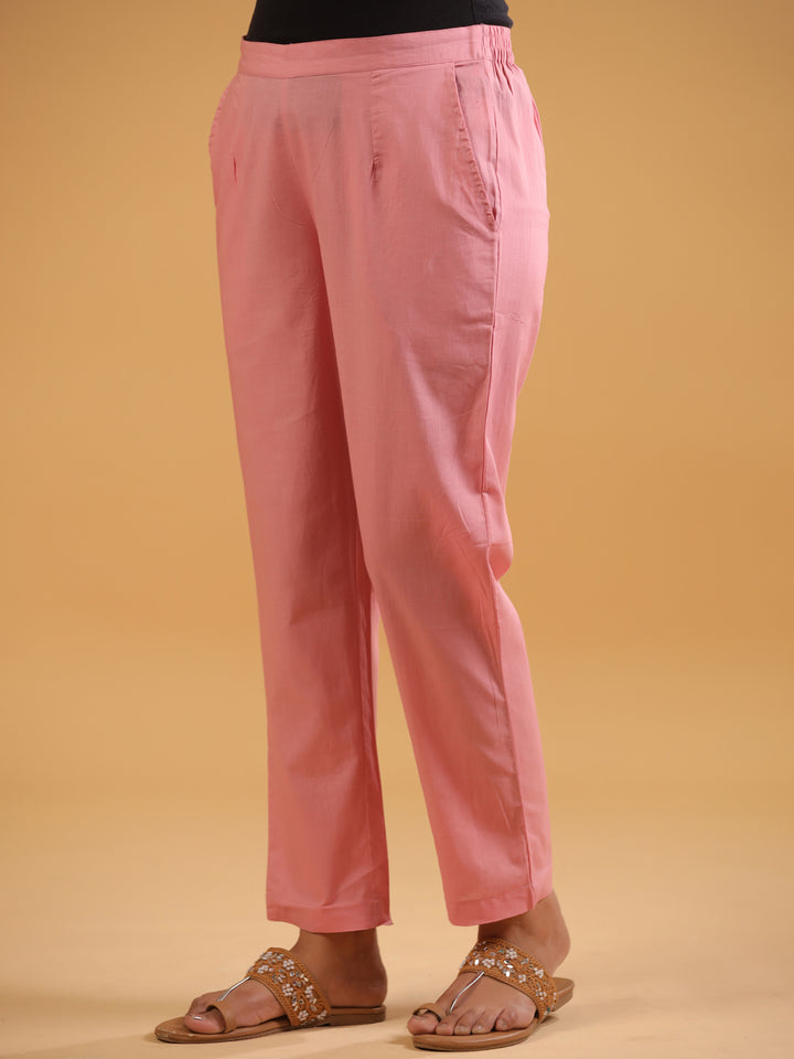Pink Cotton Solid Straight Pant