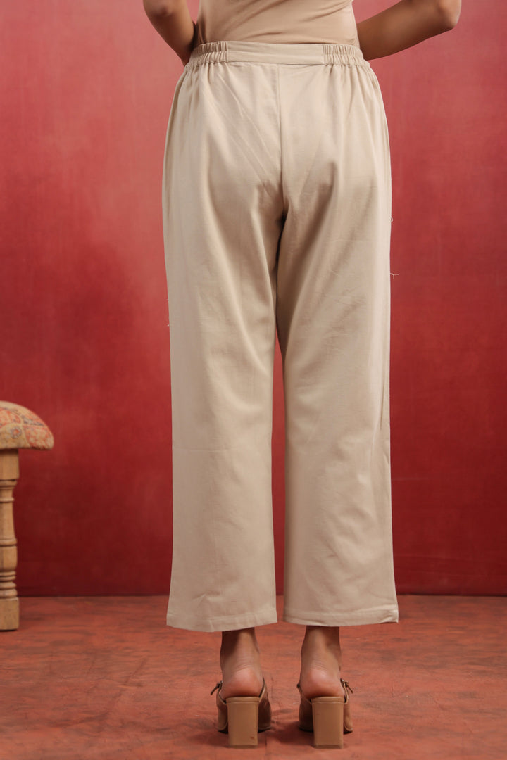 Beige Cotton Solid Relaxed fit pant