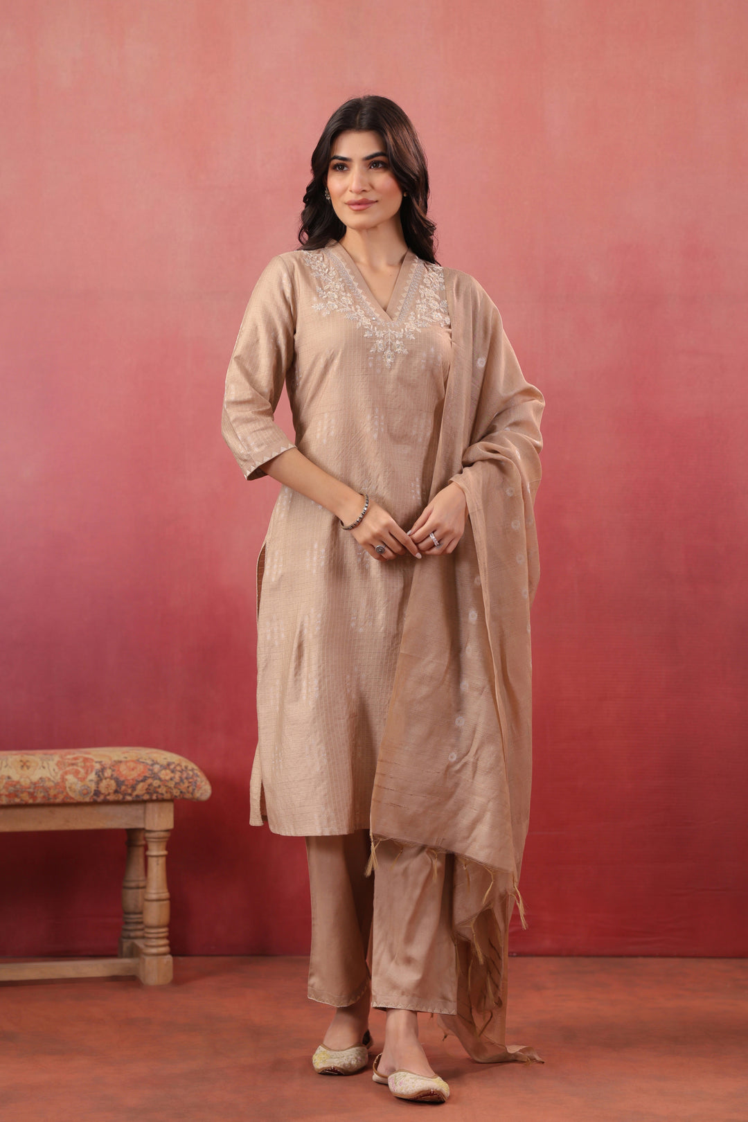 Cream Silk Embroidered Designer Kurta Pant With Dupatta Set