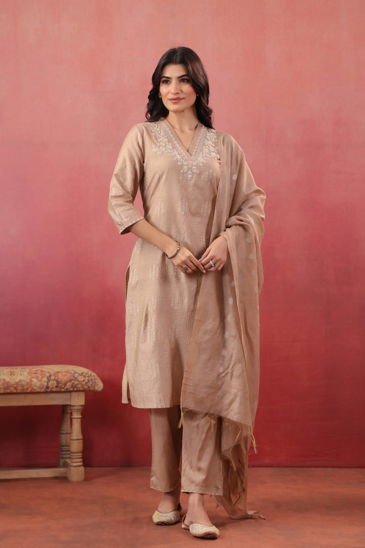 Cream Silk Embroidered Designer Kurta Pant With Dupatta Set