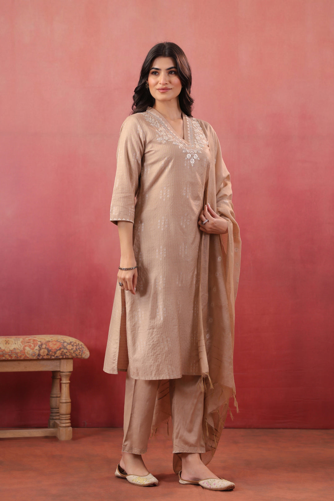 Cream Silk Embroidered Designer Kurta Pant With Dupatta Set