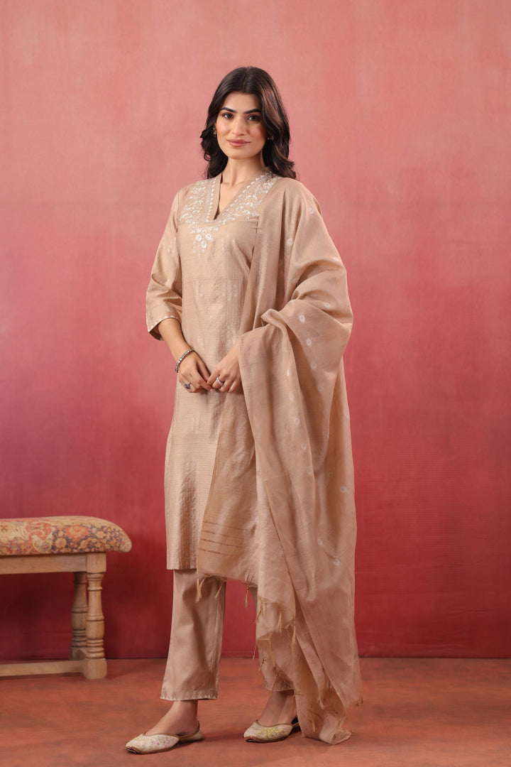 Cream Silk Embroidered Designer Kurta Pant With Dupatta Set