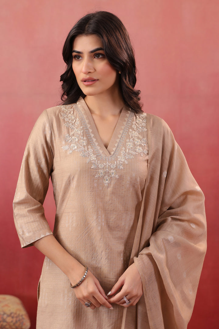 Cream Silk Embroidered Designer Kurta Pant With Dupatta Set
