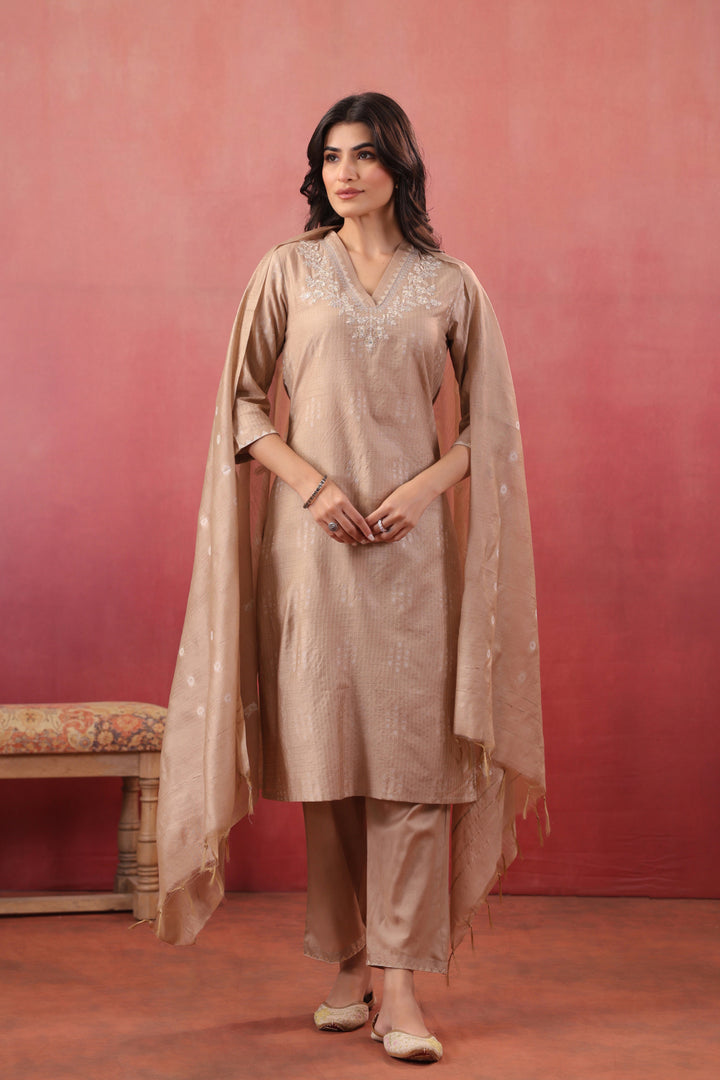 Cream Silk Embroidered Designer Kurta Pant With Dupatta Set
