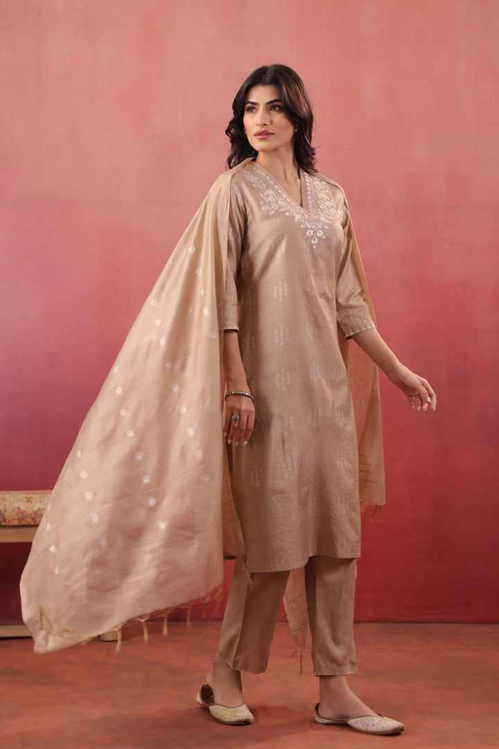 Cream Silk Embroidered Designer Kurta Pant With Dupatta Set